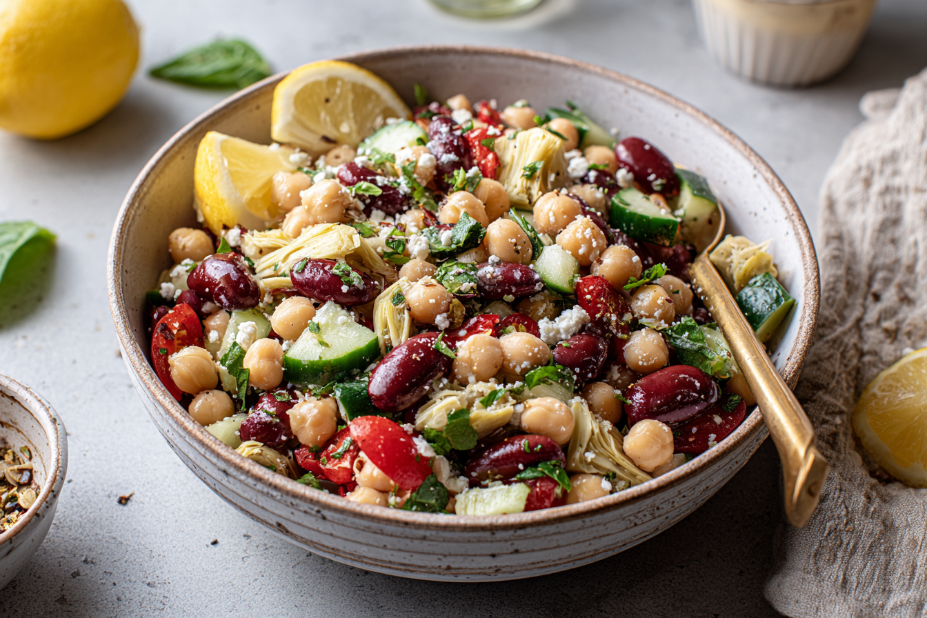 Healthy & High Protein Three Bean Salad Recipe served in a bowl with chickpeas, kidney beans, cucumber, artichokes and parmesan