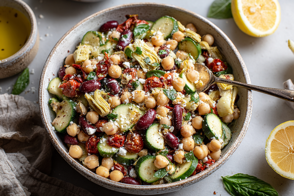 Healthy & High Protein Three Bean Salad Recipe with chickpeas, kidney beans, cucumbers, sun-dried tomatoes, artichokes and parmesan