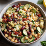 Healthy & High Protein Three Bean Salad Recipe with chickpeas, kidney beans, cucumbers, sun-dried tomatoes, artichokes and parmesan
