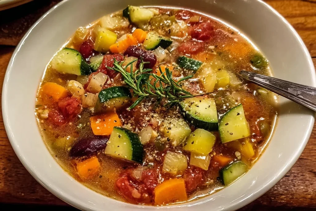Greek Healing Soup with quinoa, zucchini, carrots, and herbs in a rustic bowl