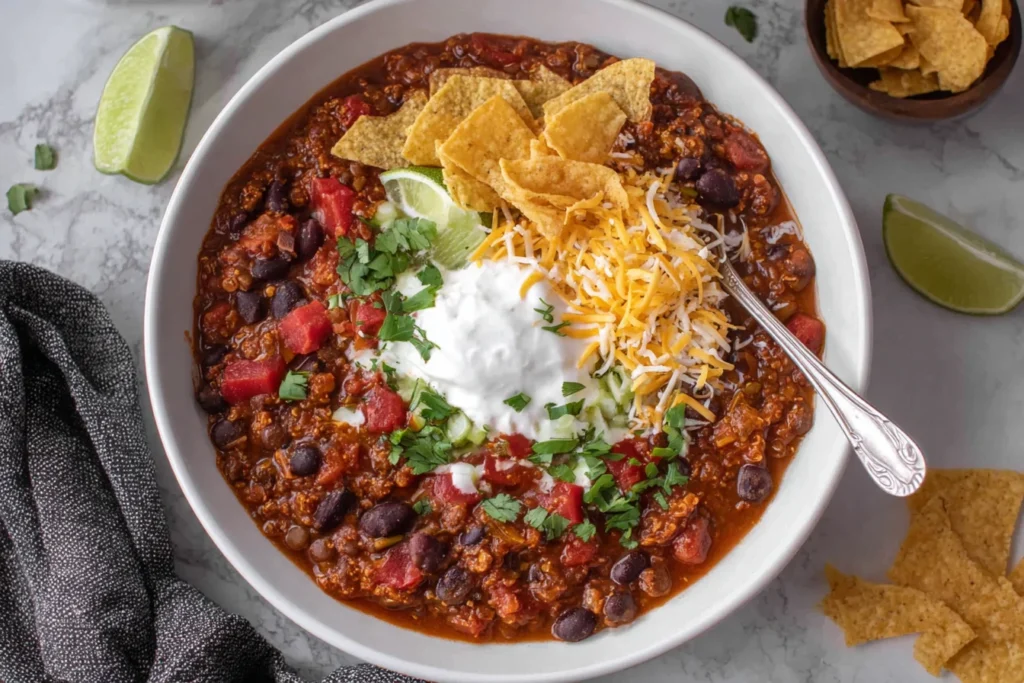 Lentil Chili in a white bowl topped with sour cream, shredded cheese, cilantro, lime wedges, and crunchy tortilla chips.