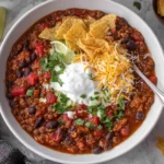 Lentil Chili in a white bowl topped with sour cream, shredded cheese, cilantro, lime wedges, and crunchy tortilla chips.