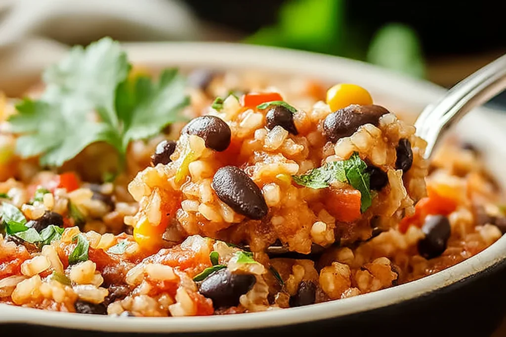 Rice and Bean Casseroles served hot with black beans, rice, tomatoes, and fresh herbs in a comforting dish