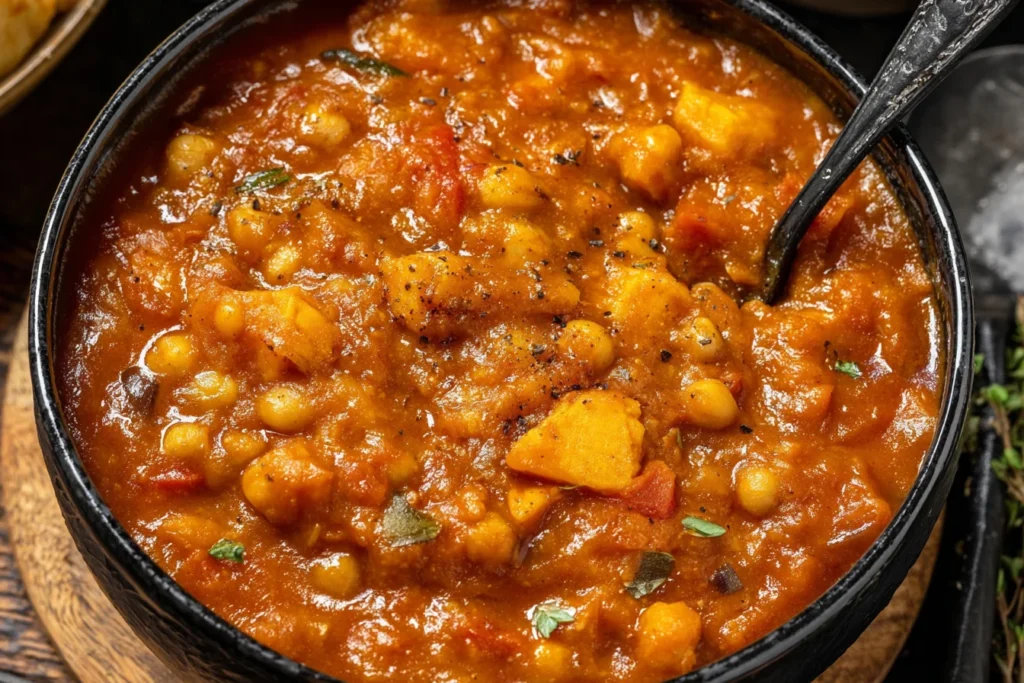 Hearty Vegan Sweet Potato Stew in a black bowl with chickpeas, tender sweet potatoes, and rich tomato broth, garnished with herbs.
