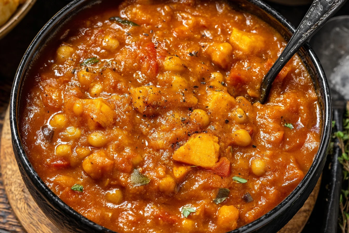Hearty Vegan Sweet Potato Stew in a black bowl with chickpeas, tender sweet potatoes, and rich tomato broth, garnished with herbs.
