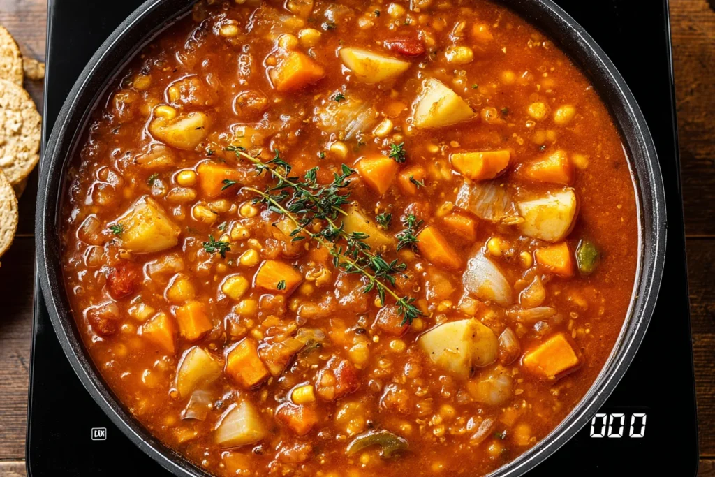 Hearty Vegan Sweet Potato Stew simmering in a Dutch oven with sweet potatoes, potatoes, beans, and thyme in a rich tomato broth.