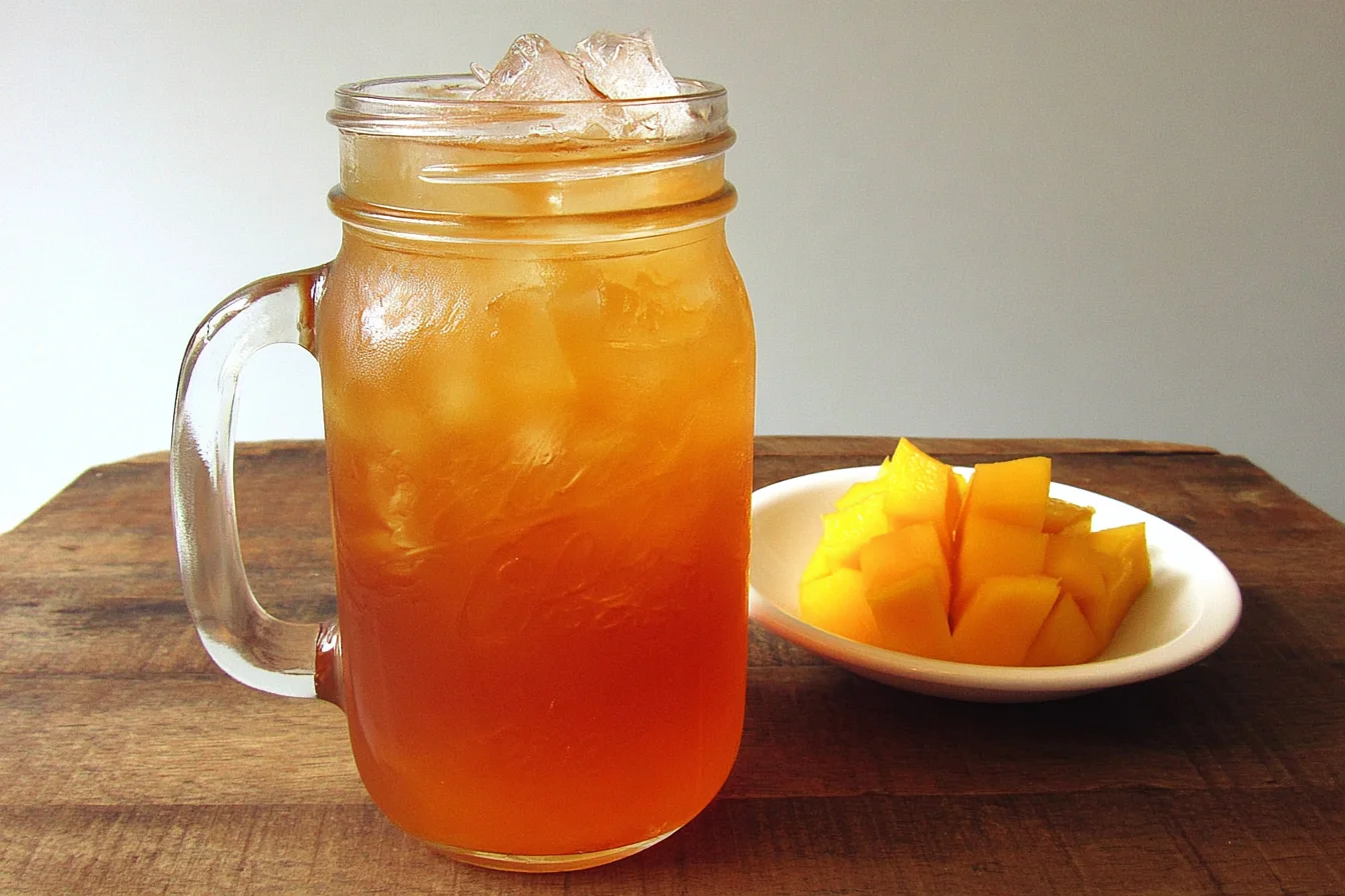 Homemade Mango Iced Tea in a mason jar with ice and fresh mango slices