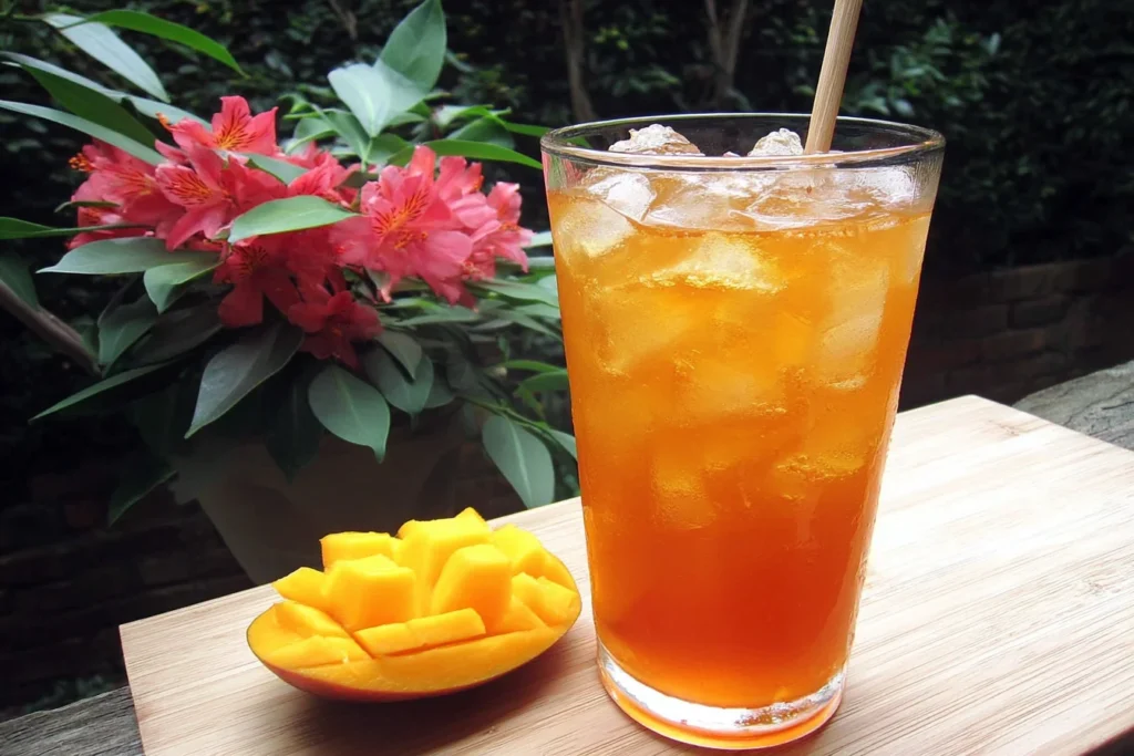 Homemade Mango Iced Tea in a tall glass with ice and fresh mango garnish outdoors