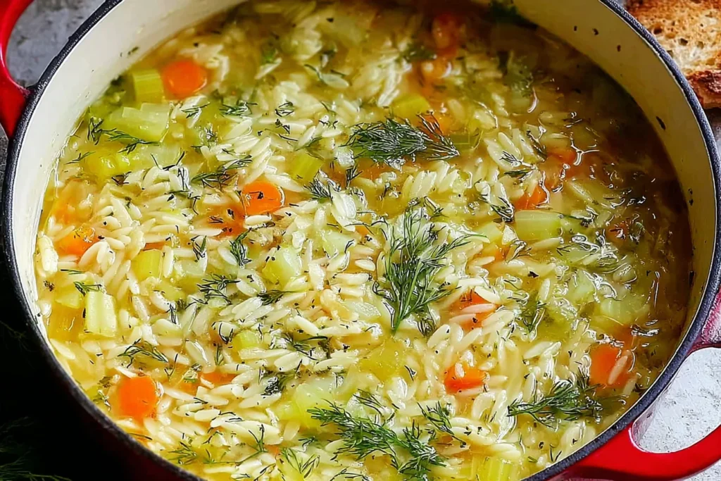 Orzo Leek and Dill Soup simmering in a pot with tender orzo, fresh dill, carrots, and leeks in a light broth