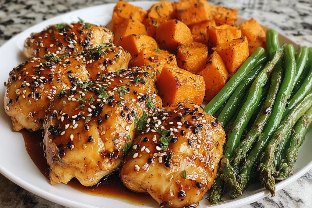 Honey Garlic Chicken and Sweet Potato Recipe with roasted sweet potatoes and green beans on a white plate