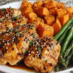 Honey Garlic Chicken and Sweet Potato Recipe with roasted sweet potatoes and green beans on a white plate