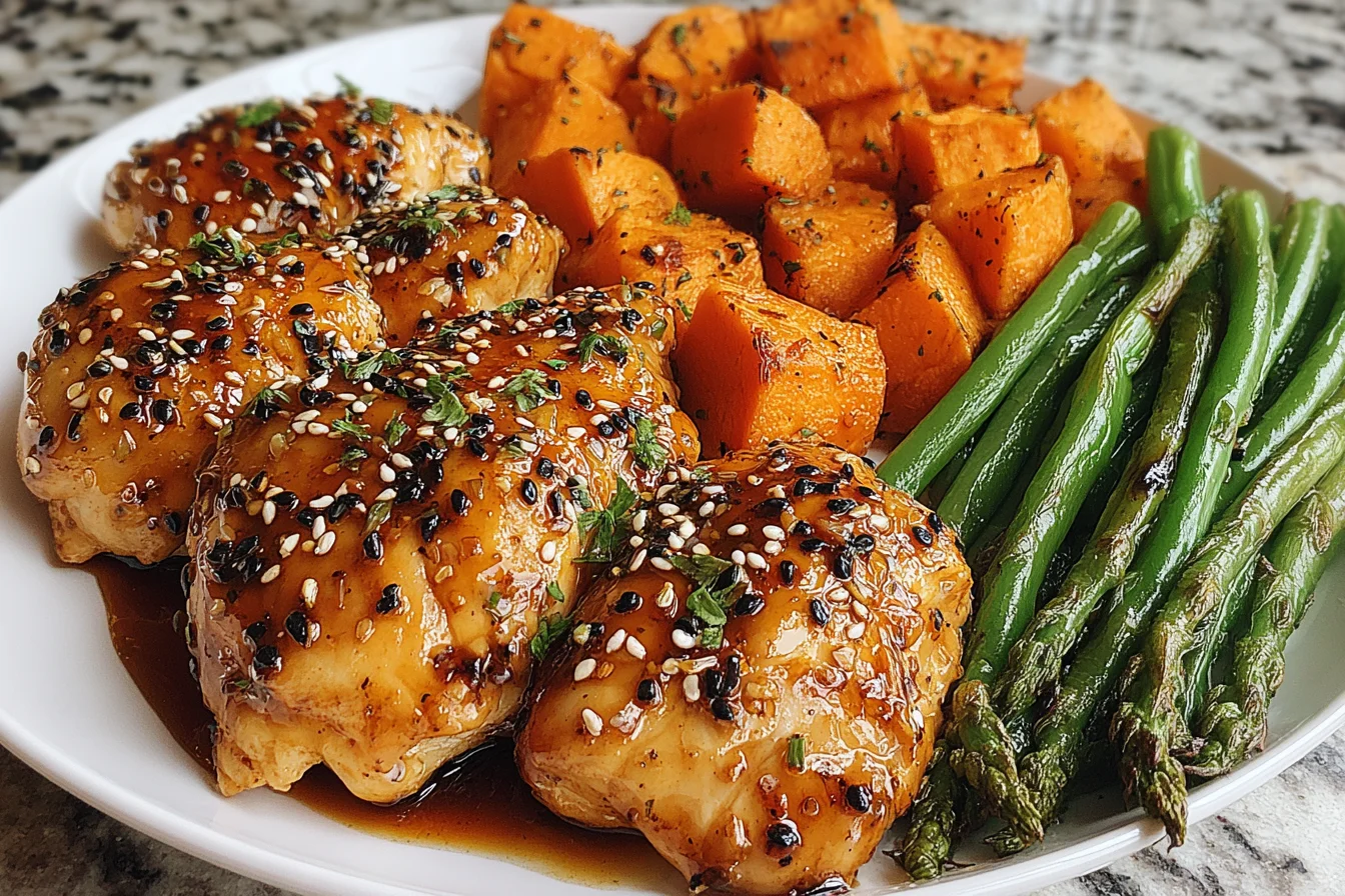 Honey Garlic Chicken and Sweet Potato Recipe with roasted sweet potatoes and green beans on a white plate