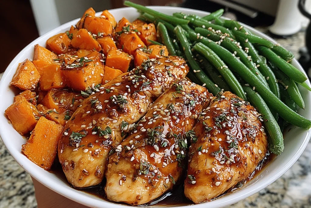 Honey Garlic Chicken and Sweet Potato Recipe served in a bowl with glazed chicken, sweet potatoes, and green beans