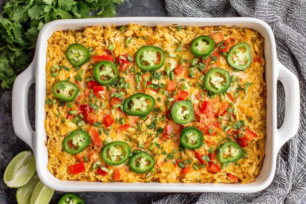 Baked Jalapeño Buffalo Chicken Casserole in a dish topped with jalapeños, red peppers, and herbs