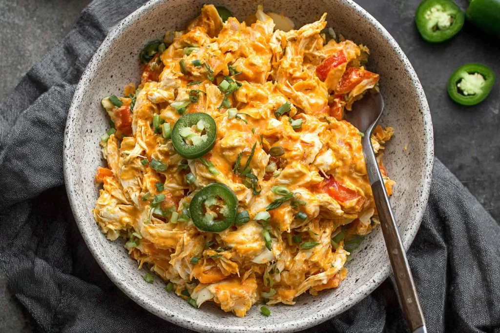 Jalapeño Buffalo Chicken Casserole served in a bowl with shredded chicken, creamy buffalo sauce, and sliced jalapeños