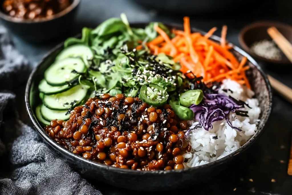 Korean Lentils Vegan Bulgogi bowl with rice, cucumber slices, shredded carrots, purple cabbage, greens, and sesame seeds