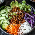 Korean Lentils Vegan Bulgogi bowl with basmati rice, cucumber slices, avocado, shredded carrots, purple cabbage, sesame seeds, and fresh herbs