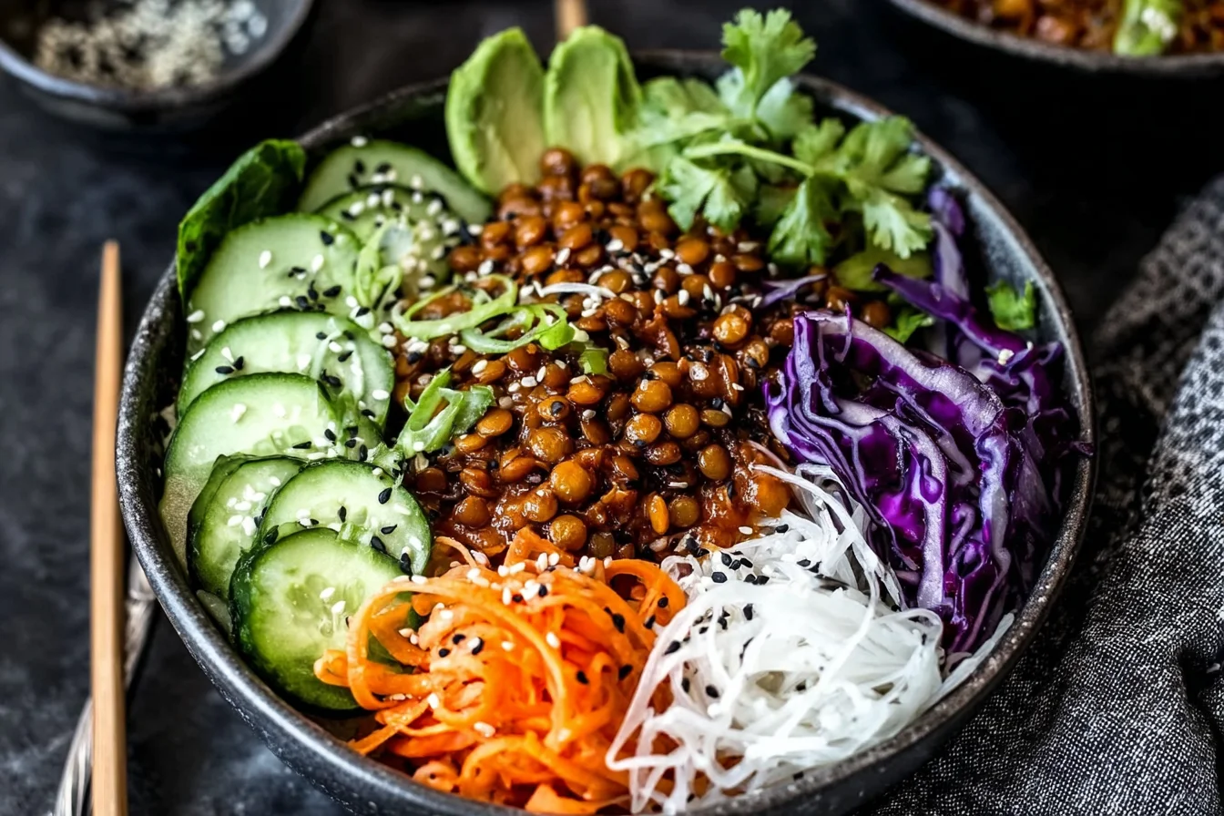 Korean Lentils Vegan Bulgogi bowl with basmati rice, cucumber slices, avocado, shredded carrots, purple cabbage, sesame seeds, and fresh herbs