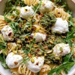 Lemon Burrata Pasta Salad with arugula, pesto, pistachios, and creamy burrata cheese in a fresh summer pasta dish