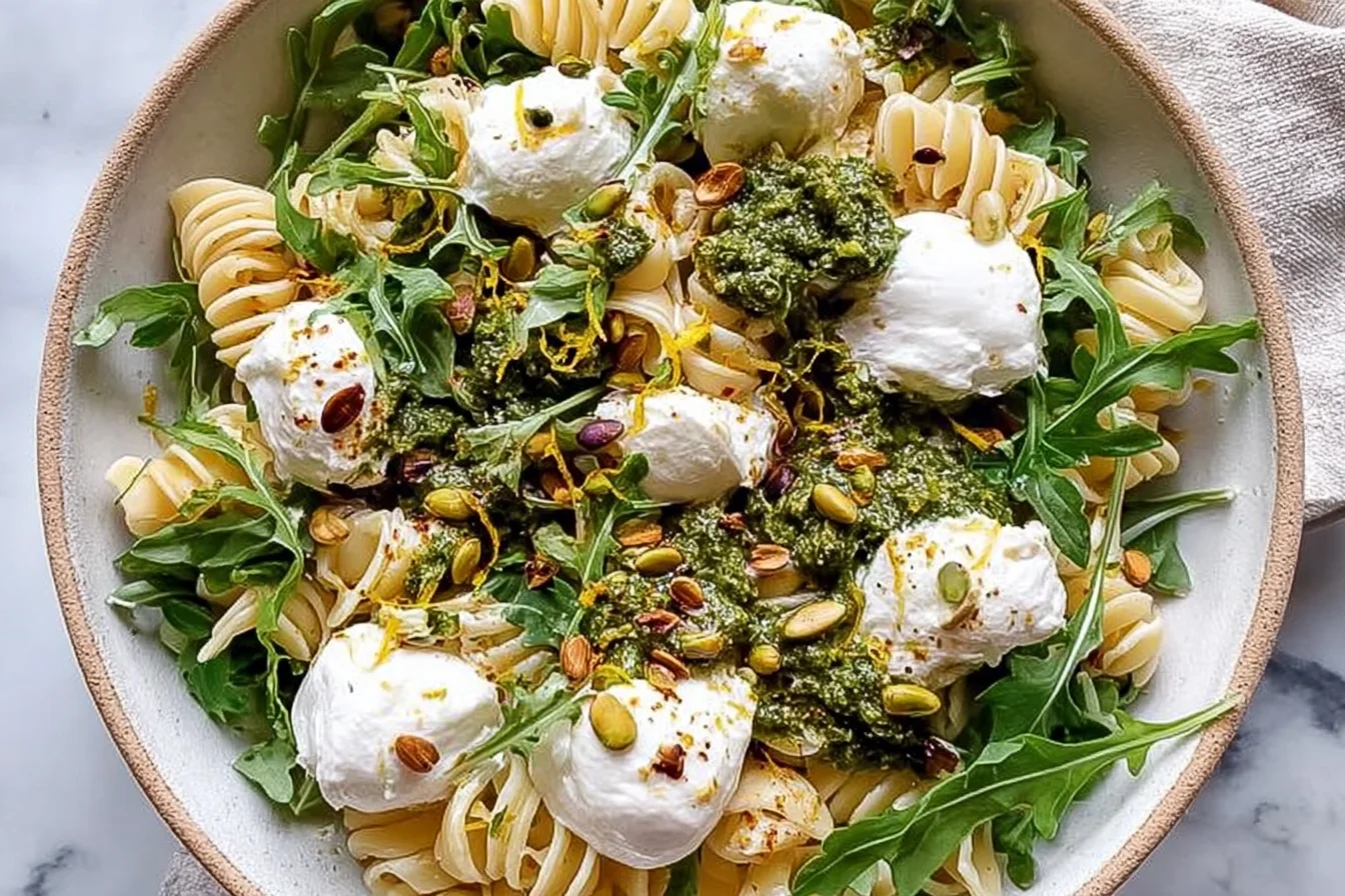 Lemon Burrata Pasta Salad with arugula, pesto, pistachios, and creamy burrata cheese in a fresh summer pasta dish