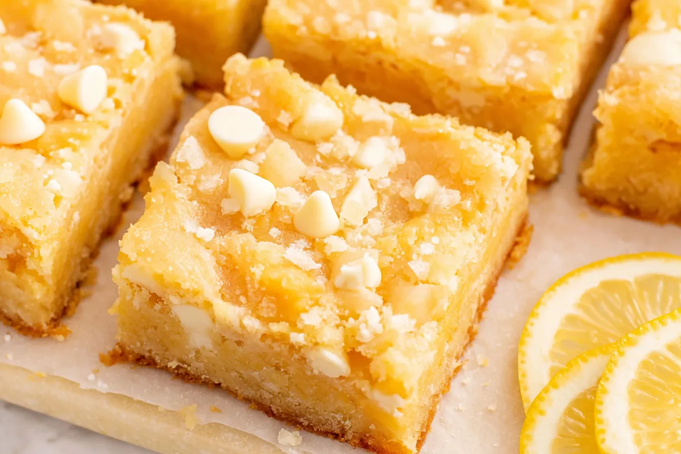 Stacked Lemon Gooey Bars with lemon slices and white chocolate chips