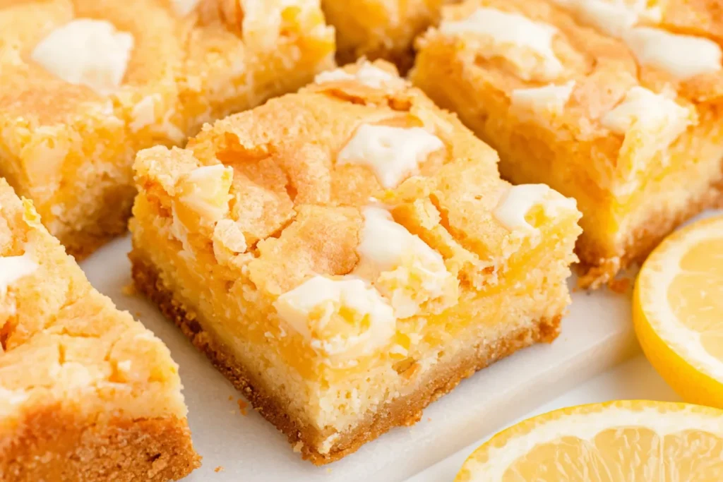 Close-up of Lemon Gooey Bars with creamy lemon center and white chocolate chips on top