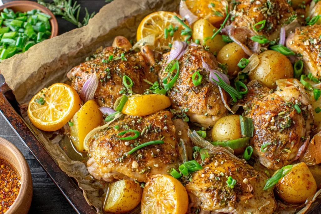 Lemon Zaatar Chicken with roasted potatoes, lemon wedges and green onions on a sheet pan