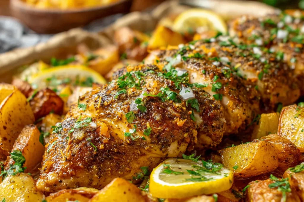 Lemon Zaatar Chicken baked with potatoes and herbs in a Mediterranean sheet pan meal