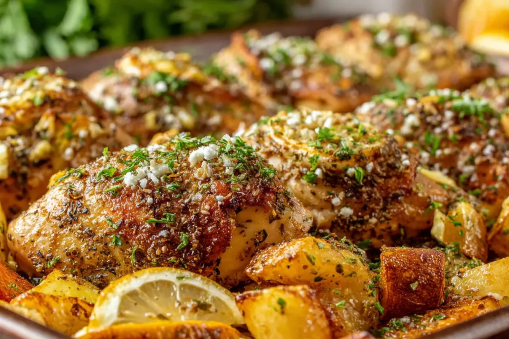 Lemon Zaatar Chicken with roasted potatoes and lemon slices baked on a sheet pan