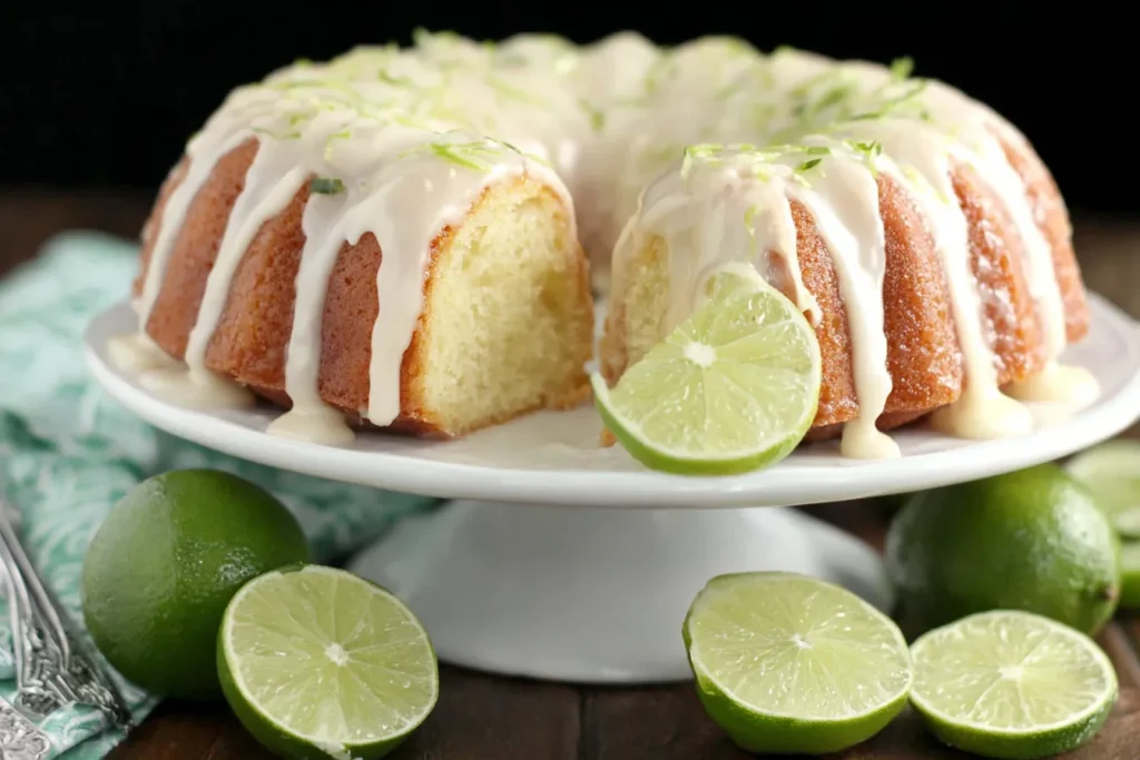 Homemade Lime Bundt Cake topped with lime glaze and fresh lime slices, moist and tender crumb