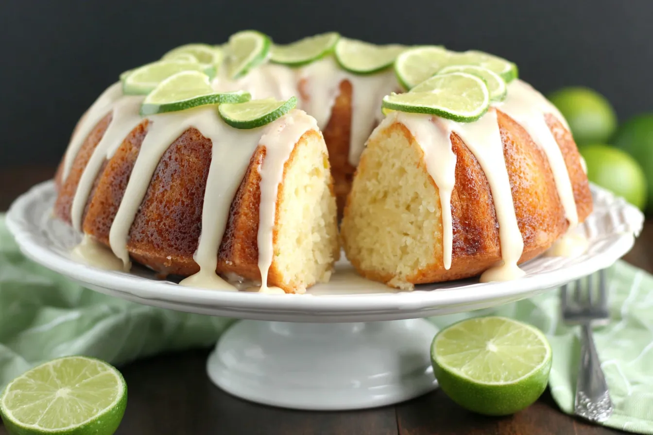 Lime Bundt Cake with creamy lime glaze and fresh lime slices, soft buttery texture shown in center cut