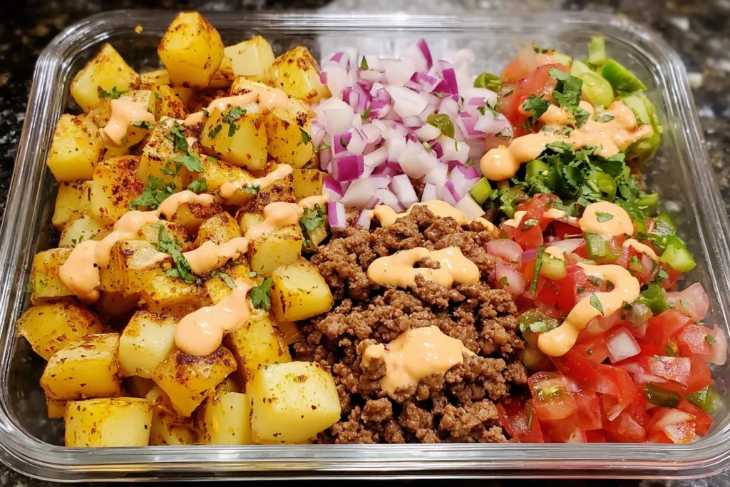 Loaded Potato Taco Bowl Meal Prep with crispy potatoes, taco beef, fresh salsa, and sriracha drizzle