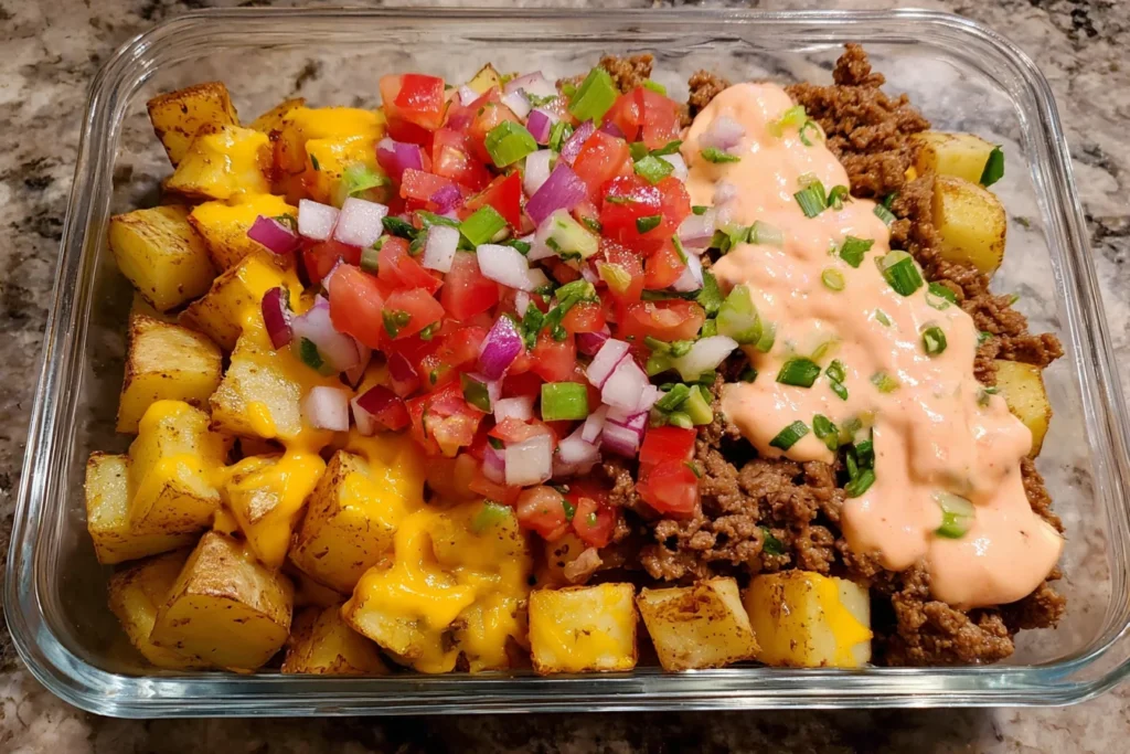 Loaded Potato Taco Bowl Meal Prep with cheesy roasted potatoes, seasoned beef, pico de gallo, and creamy sriracha sauce