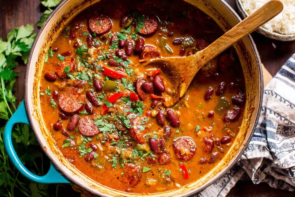 Louisiana Red Beans and Rice cooking in a Dutch oven with sausage and herbs