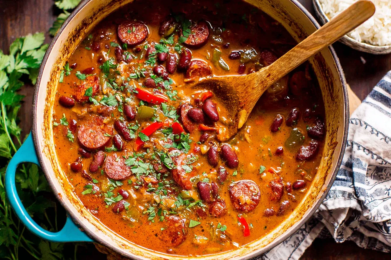Louisiana Red Beans and Rice cooking in a Dutch oven with sausage and herbs