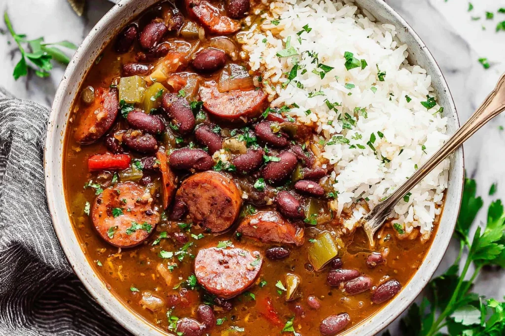 Louisiana Red Beans and Rice served with sausage and white rice in a bowl
