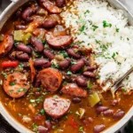 Louisiana Red Beans and Rice served with sausage and white rice in a bowl