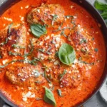 One-pan Mediterranean Chicken with Roasted Red Pepper Sauce garnished with basil
