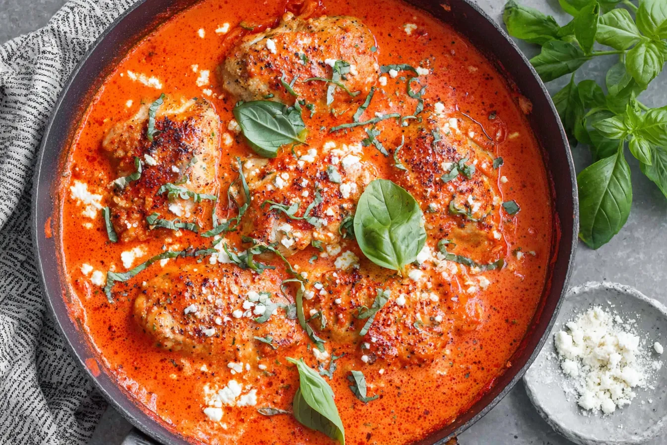 One-pan Mediterranean Chicken with Roasted Red Pepper Sauce garnished with basil