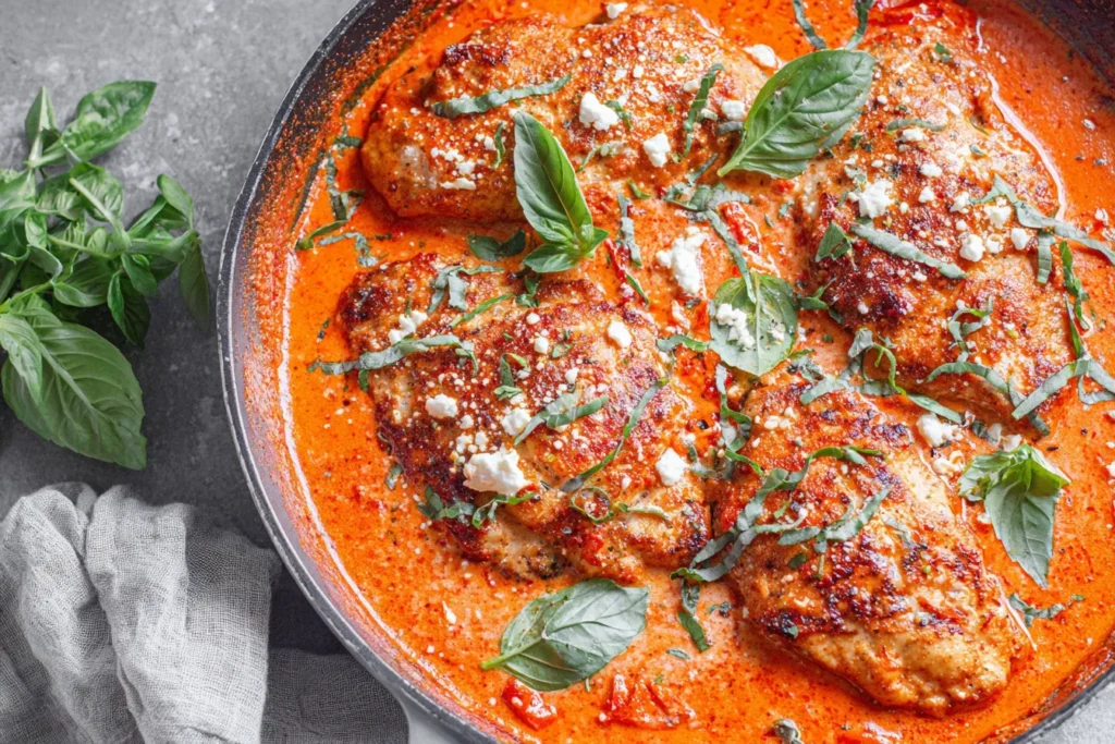 Mediterranean Chicken with Roasted Red Pepper Sauce in skillet topped with feta and basil