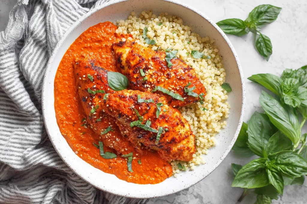 Mediterranean Chicken with Roasted Red Pepper Sauce served over couscous with fresh basil