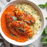 Mediterranean Chicken with Roasted Red Pepper Sauce served over couscous with fresh basil