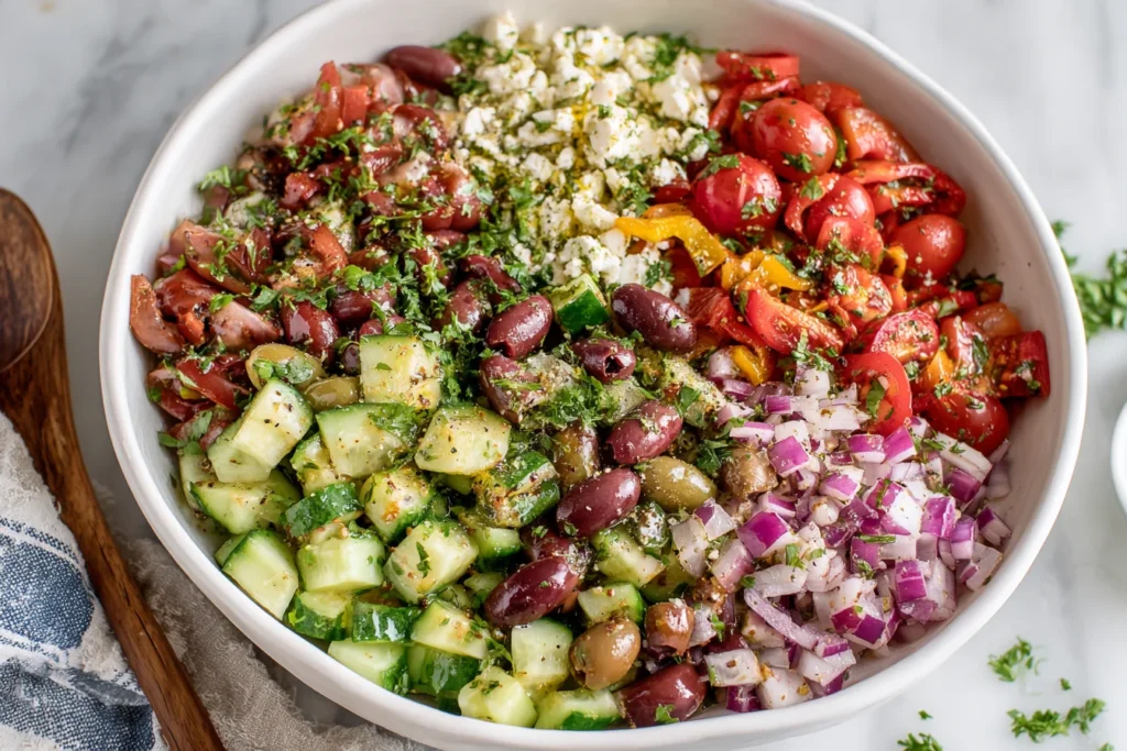Mediterranean Chopped Salad ingredients with cucumbers, olives, tomatoes, onion, and feta cheese