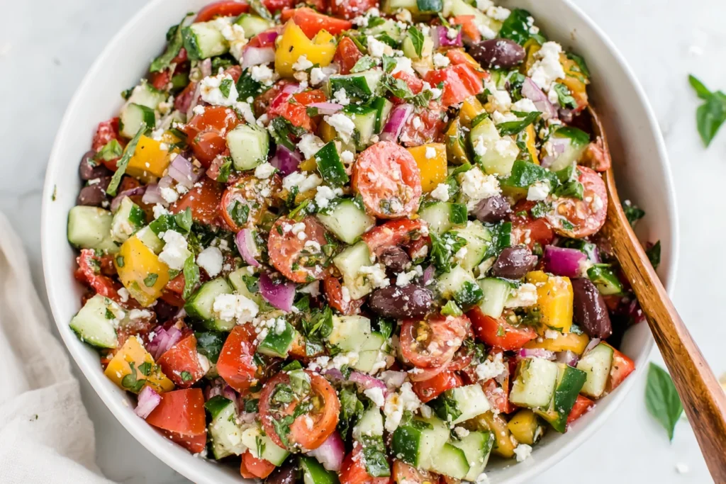 Mediterranean Chopped Salad with cucumbers, tomatoes, olives, and feta cheese in a bowl