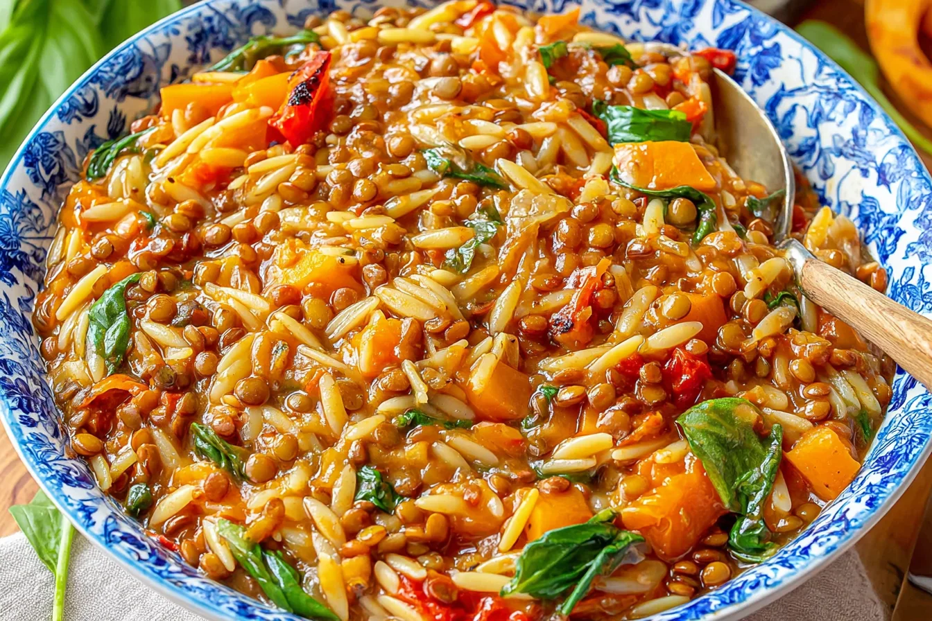 Mediterranean Lentil and Orzo in a rustic blue bowl with tender lentils, orzo pasta, spinach, tomatoes, and carrots