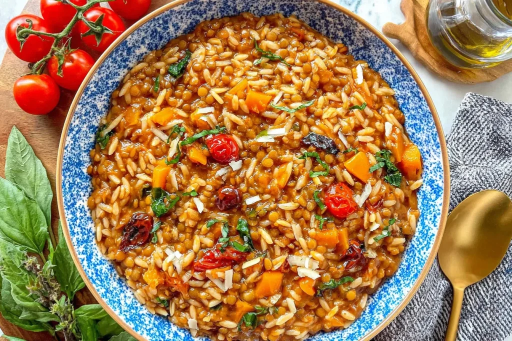 Mediterranean Lentil and Orzo served in a blue bowl with lentils, orzo pasta, cherry tomatoes, basil, and carrots