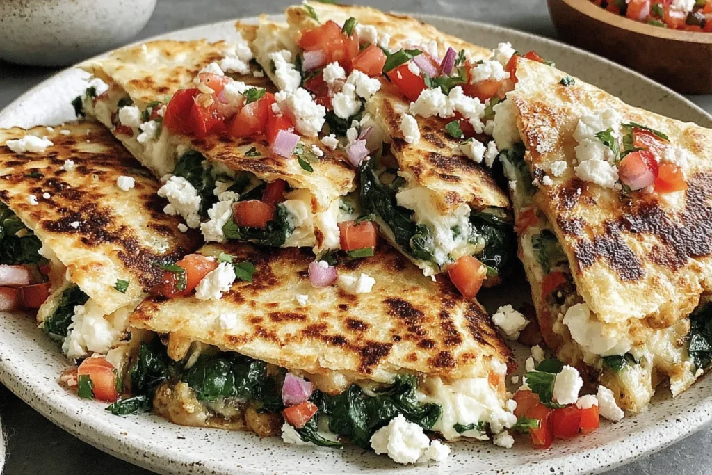 Close-up of Mediterranean Quesadillas with Spinach, Feta, Mozzarella, and Red Onion with melted cheese and fresh toppings