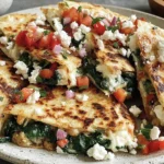 Close-up of Mediterranean Quesadillas with Spinach, Feta, Mozzarella, and Red Onion with melted cheese and fresh toppings