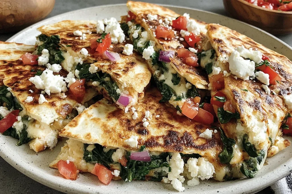 Mediterranean Quesadillas with Spinach, Feta, Mozzarella, and Red Onion served crispy and golden on a plate
