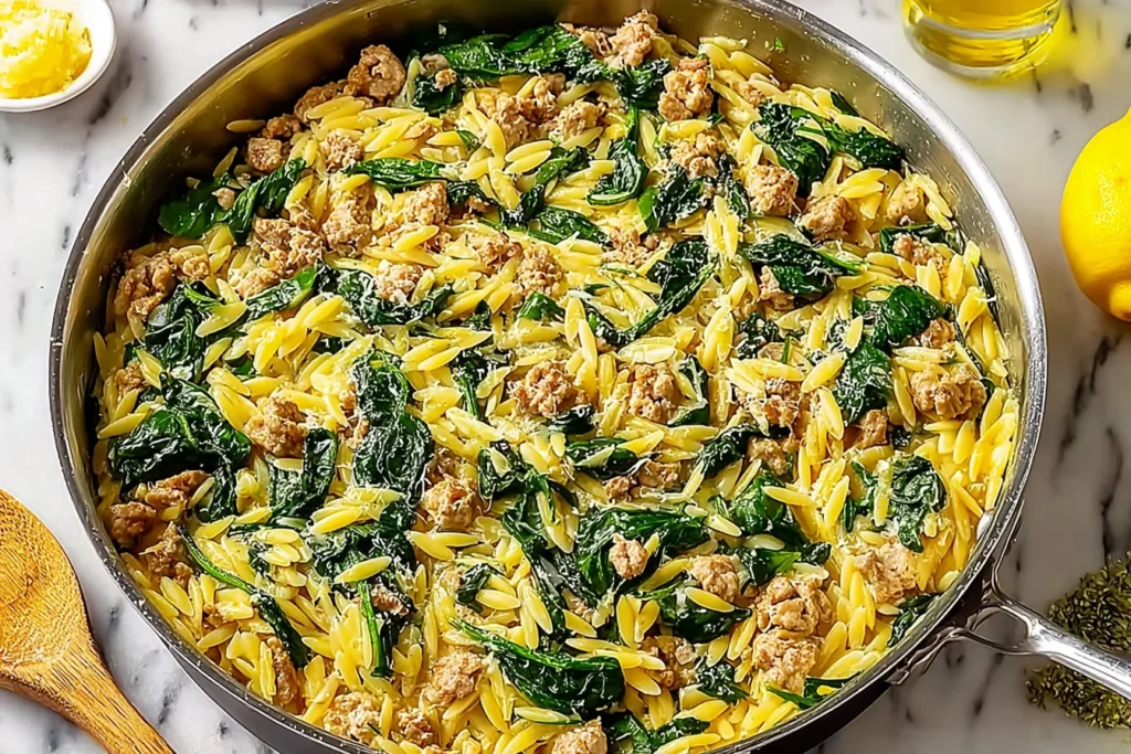 Italian Ground Turkey Spinach Orzo skillet with creamy lemon-Parmesan sauce, tender orzo pasta, browned ground turkey, and wilted spinach.